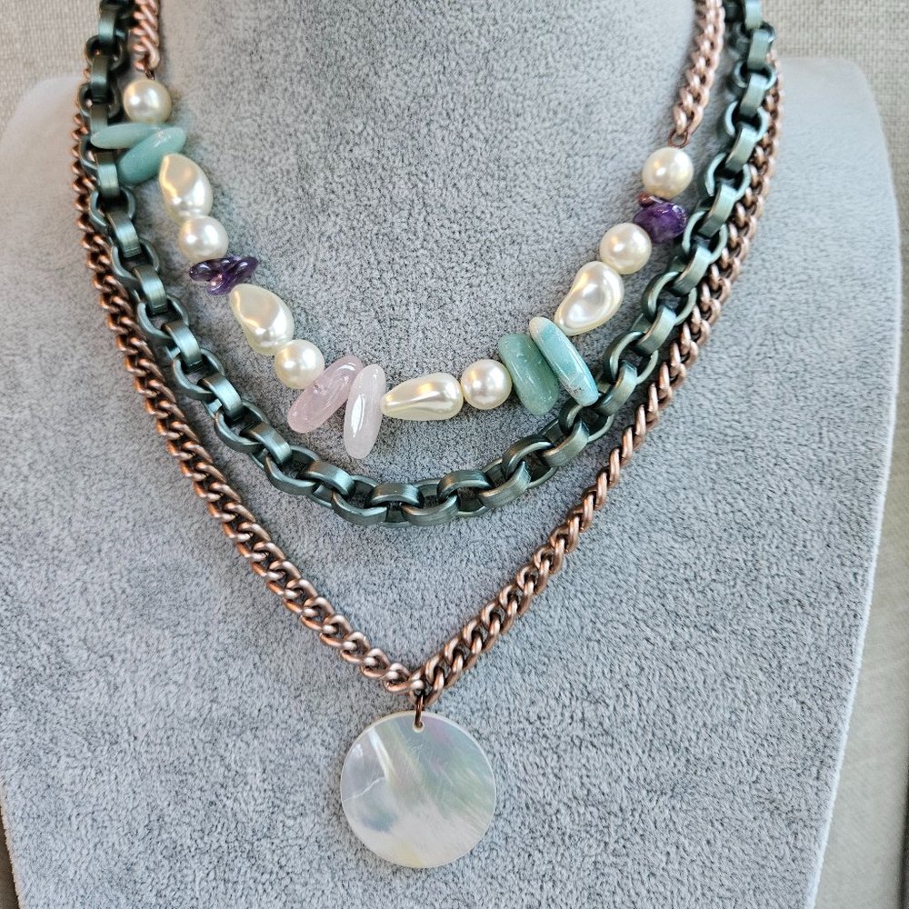 Sabika Pearl and Turquoise Rose Quartz Amethyst Stone Necklace
